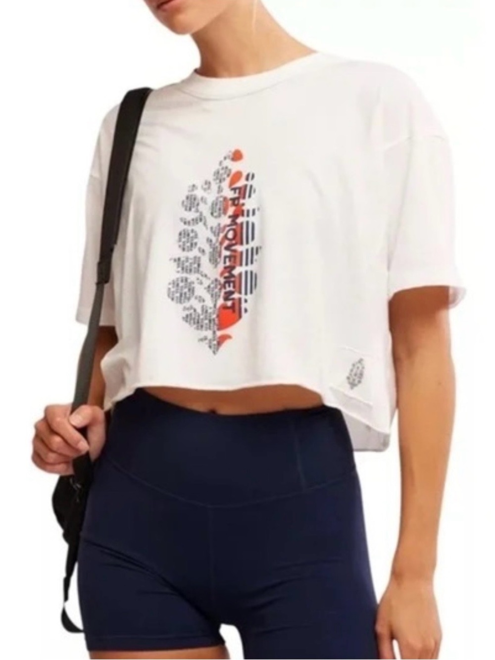 FP Movement by Free People White Cropped Tee with Orange & Navy Graphic Feather